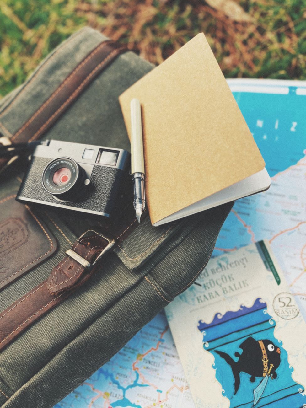 Minimalist luggage setup with camera and travel notebook